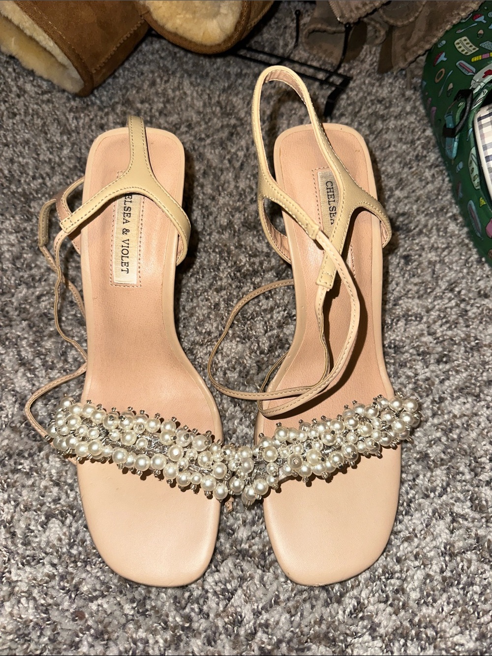 Chelsea & Violet Nude Pearl-Embellished Strappy Heels